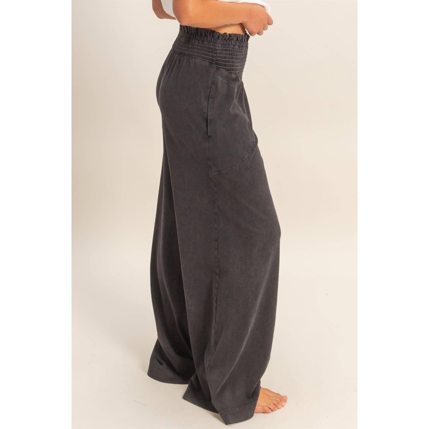 Mineral Washed Wide-Leg Smocked Waist Pants