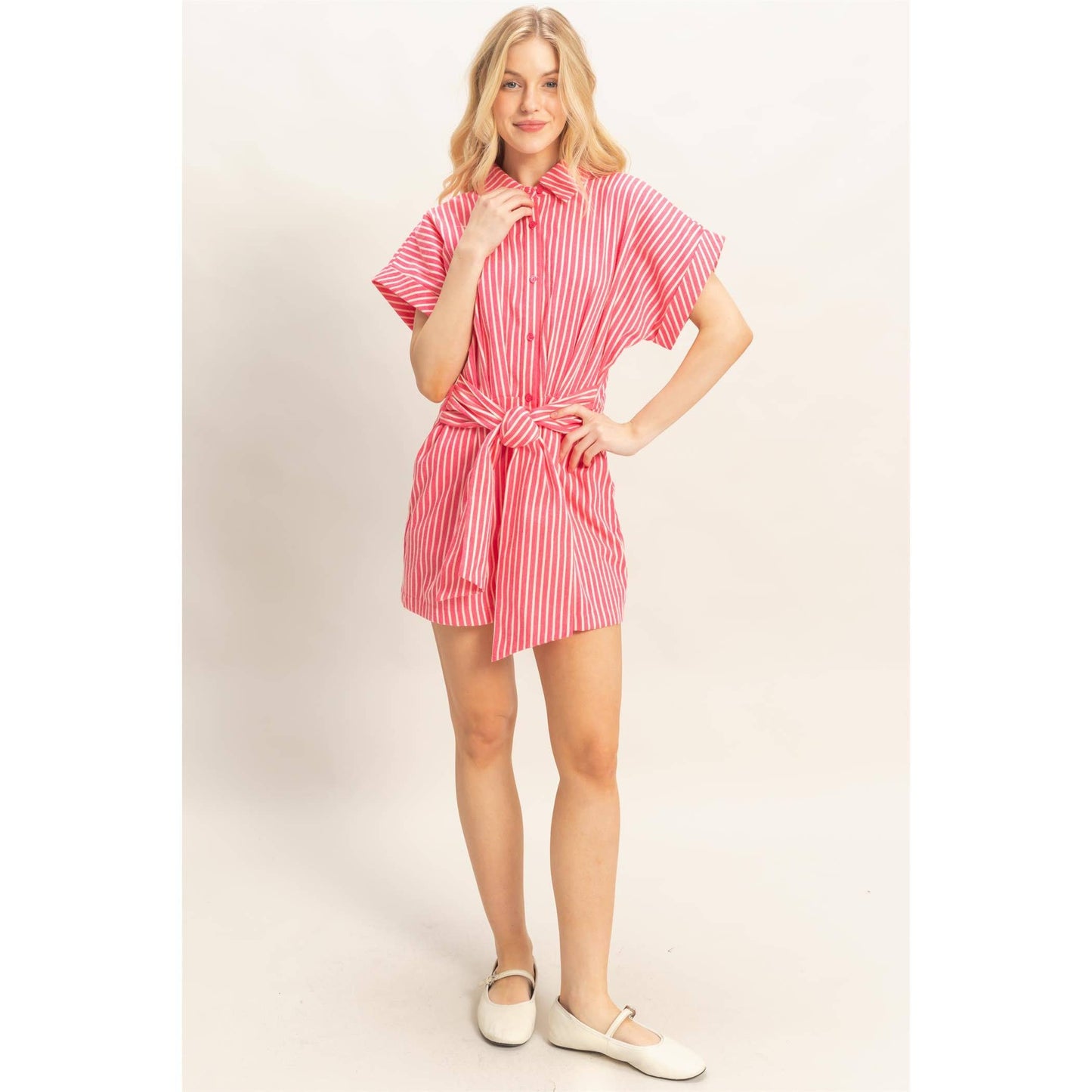 Collared Striped Romper With Sash