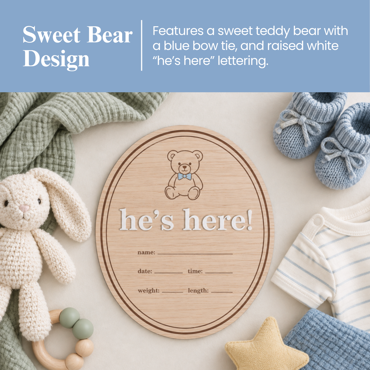 Wooden Birth Announcement Fill-In Photo Prop, He's Here