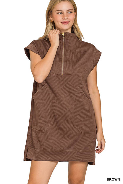 Textured Knit Jacquard Quarter Zipper Dress Zenana
