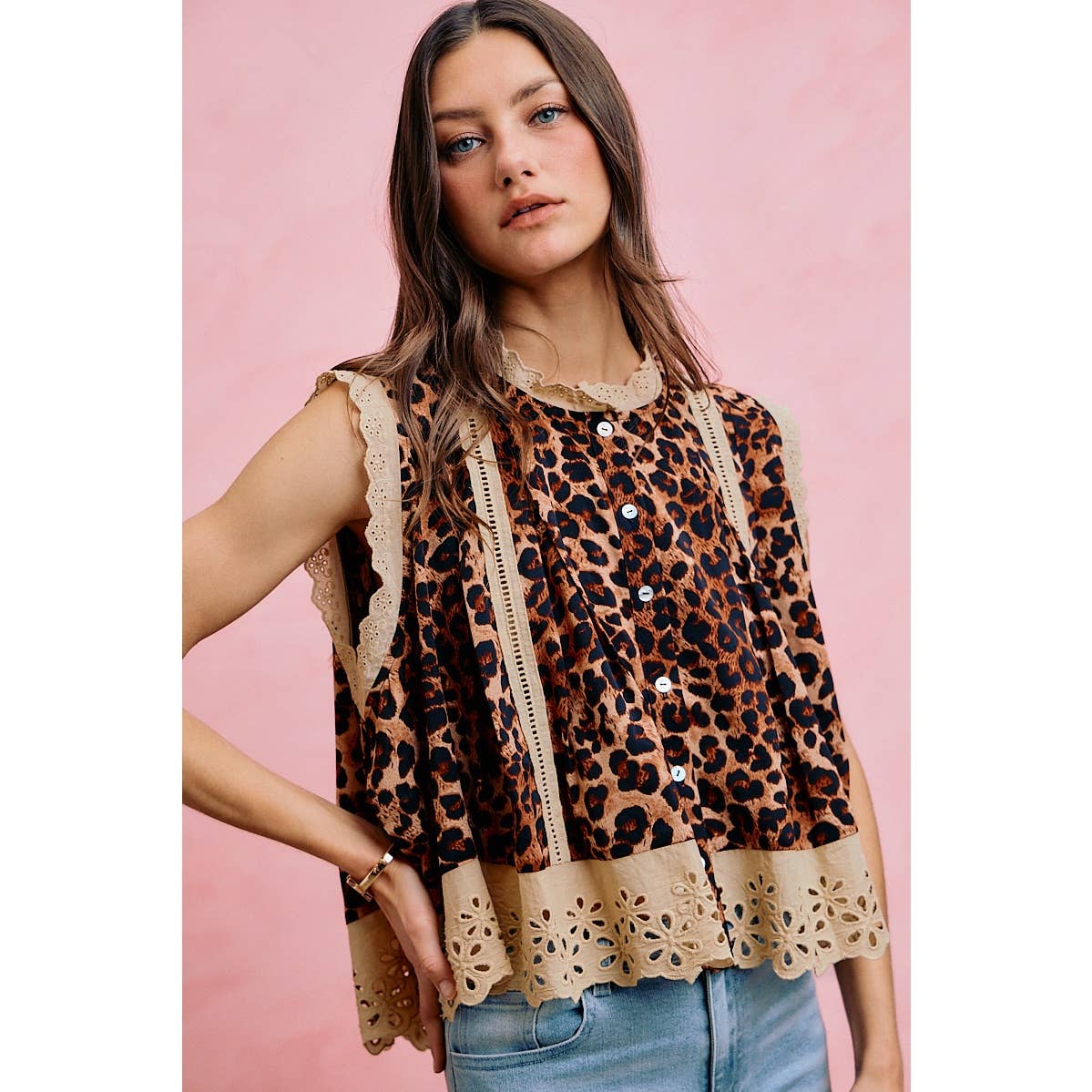 LEOPARD BUTTON UP PLEATED SLEEVELESS BLOUSE TOP