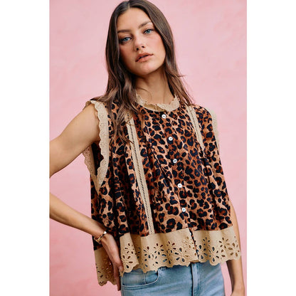 LEOPARD BUTTON UP PLEATED SLEEVELESS BLOUSE TOP