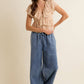 LACE TRIM WIDE LEG ELASTIC MID RISE DENIM PANTS