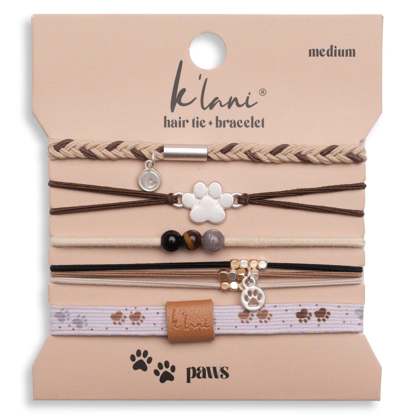 "Paws" Natural Hues with Silver & Paw Accents Hair Tie Bracelet
