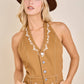 Embroidered Halter Romper with Button Front
