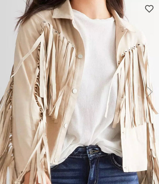 Beige Suede Eyelet Fringe Western Jacket