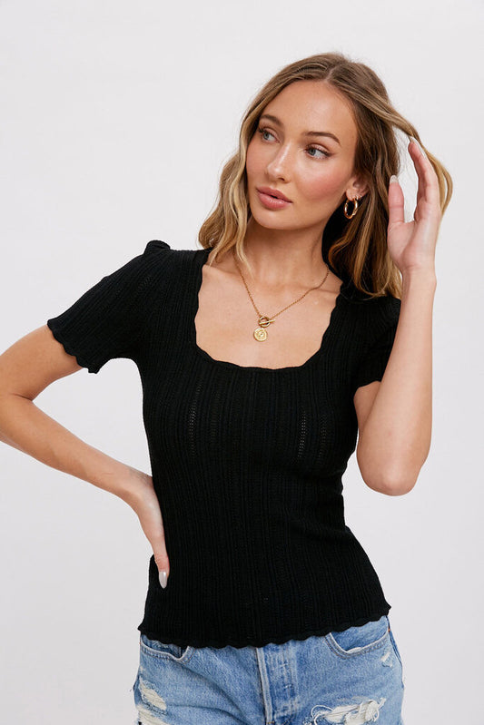 Black Scalloped Squareneck Top